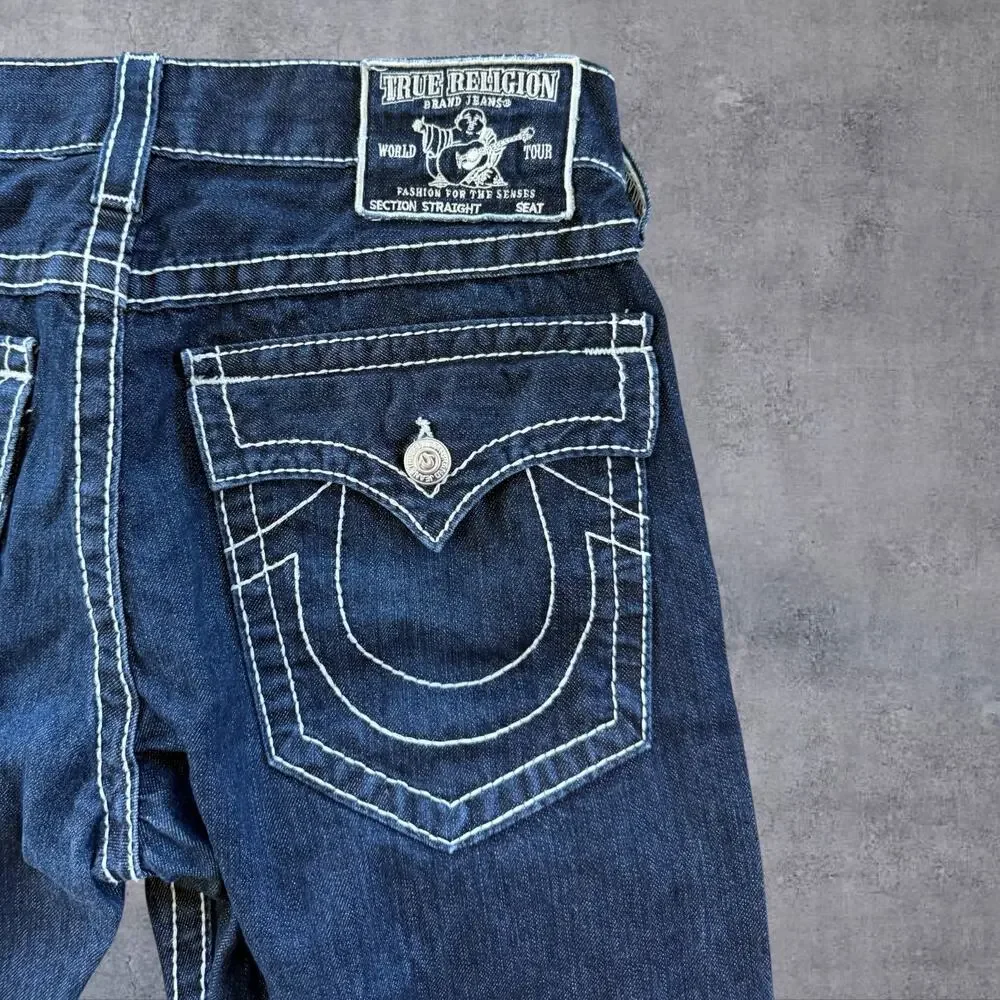 True Religion Joey Jeans Mens 33 USA Made Dark Wash Thick White Stitch Straight